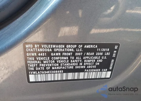 2019 Volkswagen Passat 2.0T Wolfsburg Edition z USA, uszkodzony, nr VIN 1VWLA7A34KC008483